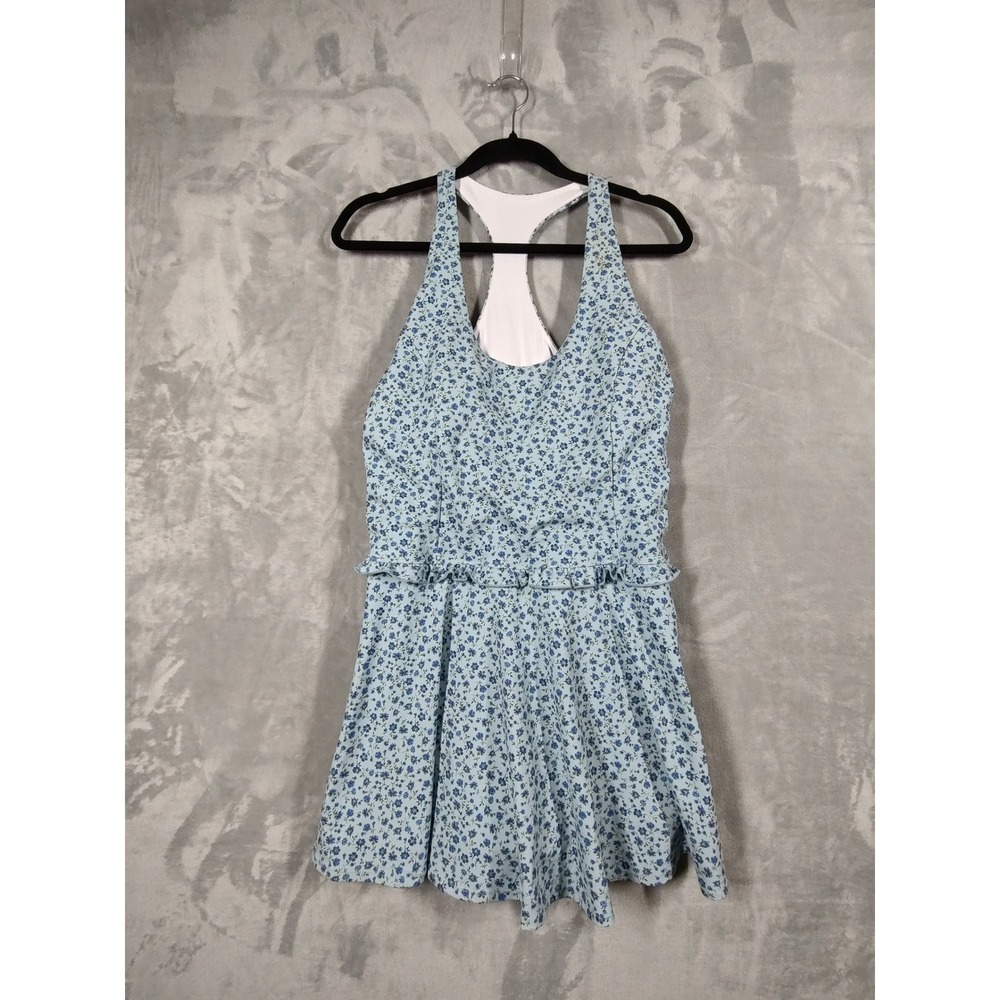 Floral Racerback Swim Dress Light Blue Navy Ruffle Waist One Piece Large DY2384A